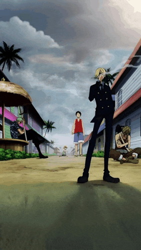 a group of anime characters standing on a street with a man smoking a cigarette