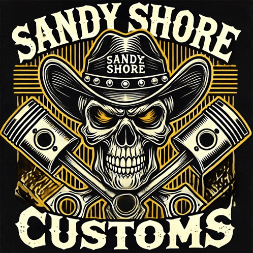 a logo for sandy shore customs with a skull wearing a cowboy hat and crossed pistons