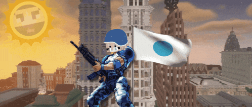 a cartoon character holding a gun and a flag with a smiling face in the background