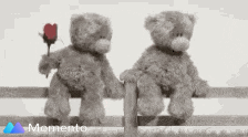 two teddy bears are sitting on a bench holding hands .