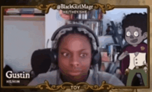 a person wearing headphones is looking at a cartoon character .