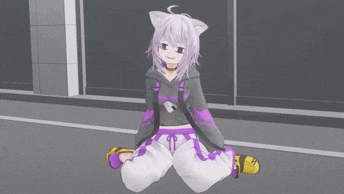 a girl with a cat ear sits on the ground