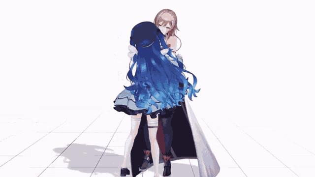 two anime girls are hugging each other on a white surface