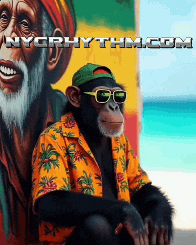 a chimpanzee wearing sunglasses sits in front of a painting with nycrhythm.com written on the bottom