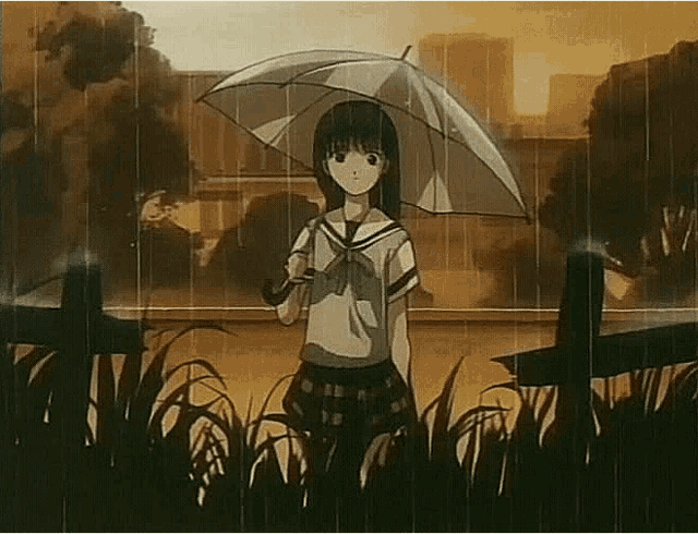 a girl is standing in the rain holding an umbrella .