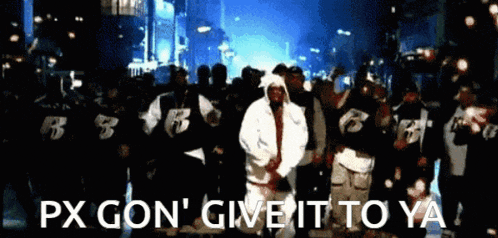 a man in a white hoodie is standing in front of a crowd with the words " px gon ' give it to ya "