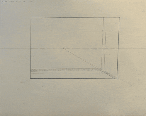 a black and white drawing of a door and window with a reflection of a bottle in the window