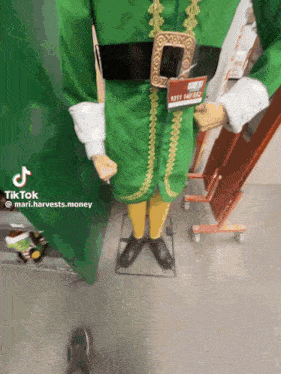a mannequin dressed in a green elf costume has a sign that says 1011 140 032