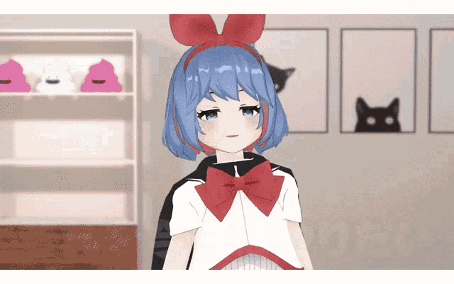 a cartoon girl with blue hair and a red bow