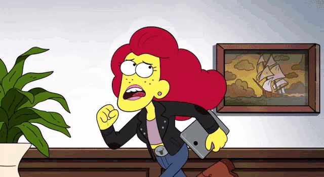 a cartoon character with red hair is holding a tablet in front of a painting of a ship