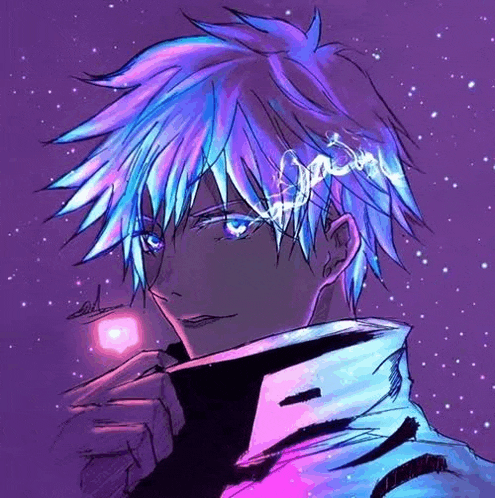 a drawing of a man with blue hair and blue eyes .