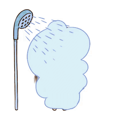 a cartoon girl is taking a shower with a shower head and a duck on her shirt