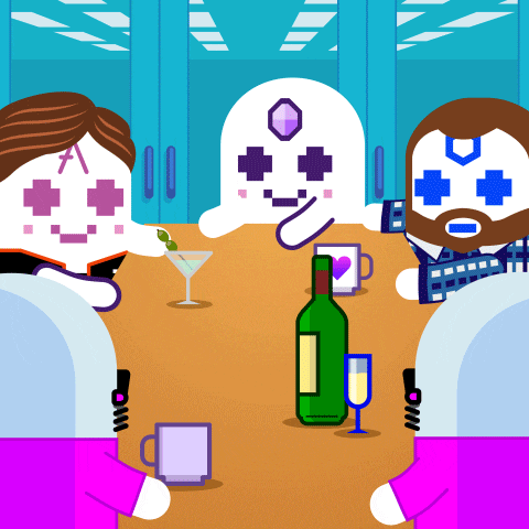 a group of cartoon characters are sitting around a table with a bottle of wine