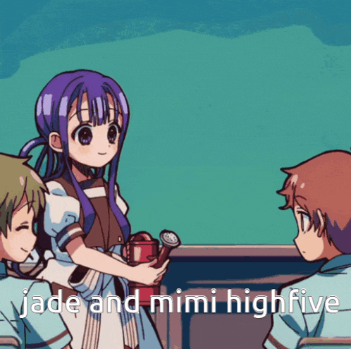 a girl with purple hair is standing in front of a group of people with the caption jade and mimi highfive