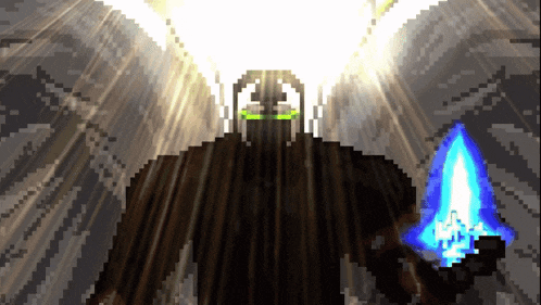a pixel art drawing of a monster with green eyes