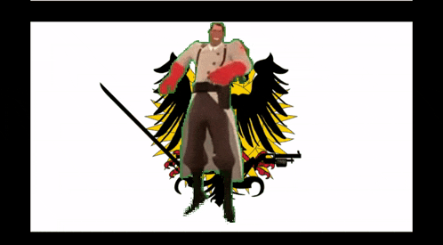 a drawing of a man holding a sword in front of an eagle with a cross on it