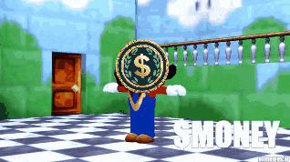 a cartoon character holding a coin with a dollar sign on it in front of a sign that says smoney
