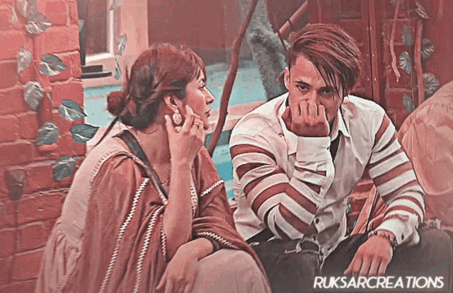a man and a woman are sitting next to each other with ruksarcreations written on the bottom of the image