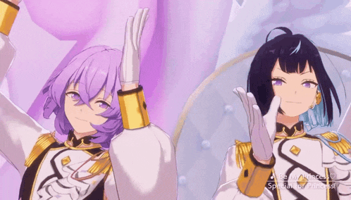 two anime girls with purple hair and white gloves are dancing in front of a sign that says " be my princess "