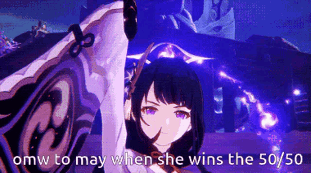 a picture of a girl with purple eyes and the words " omw to may when she wins the 50/50 "