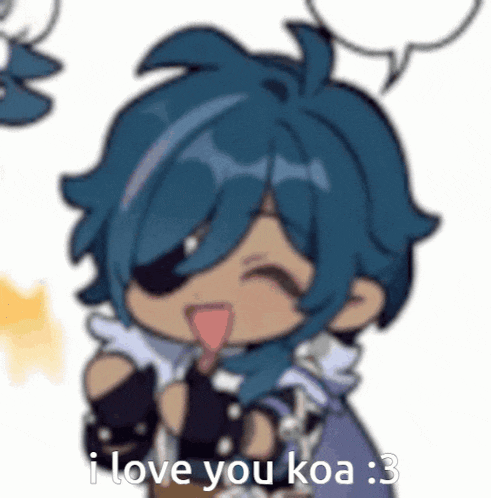 a cartoon character with blue hair and a speech bubble that says `` i love you koe '' .