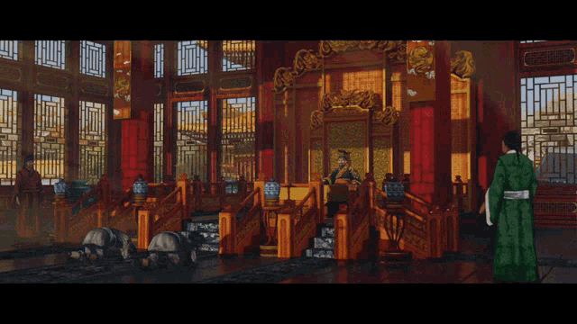 a man in a green robe is standing in front of a throne with a dragon on it