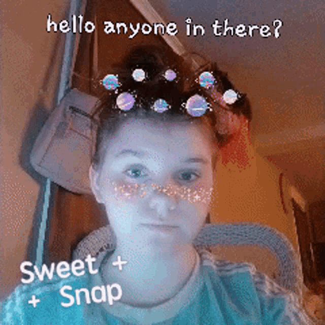 a girl with bubbles in her hair and the words hello anyone in there sweet snap