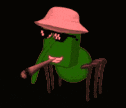 a green cartoon character wearing a hat and sunglasses