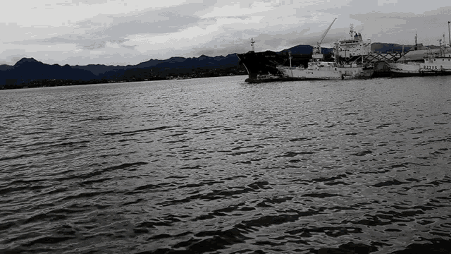 a large body of water with a few boats in it including one that has the word rescue on it