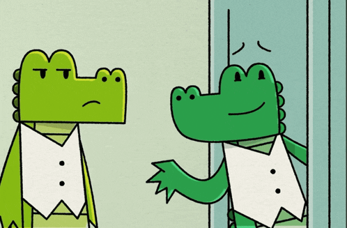 two cartoon alligators are standing next to each other and one has a sad face