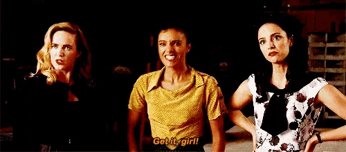 three women are standing next to each other and one of them is saying " get it girl "