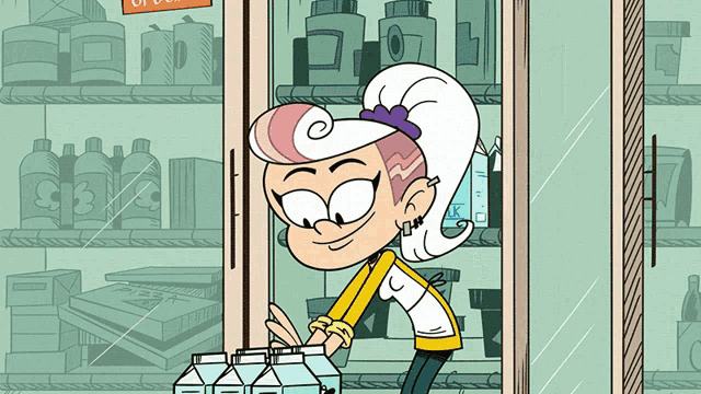 a cartoon character is standing in front of a refrigerator with a sign that says ' ice cream ' on it