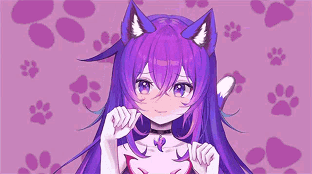 a girl with purple hair and cat ears on a pink background with paw prints