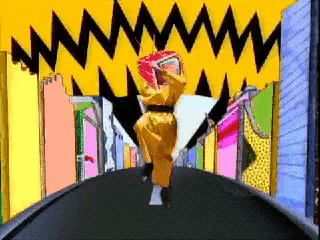 a cartoon of a woman walking down a street with a yellow background