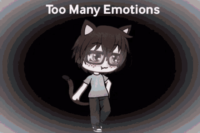 a boy with cat ears and glasses is standing in a dark room with the words too many emotions above him .