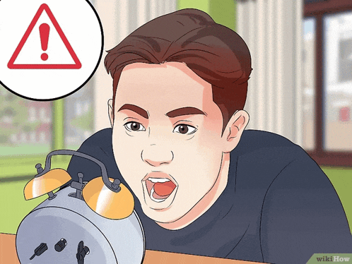 a cartoon of a man looking at an alarm clock with an exclamation point above his head