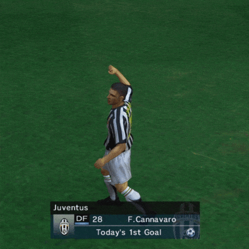 a video game screen shows two players celebrating a goal by f. cannavaro