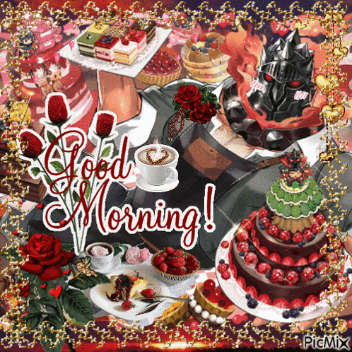 a greeting card that says good morning surrounded by cakes and roses