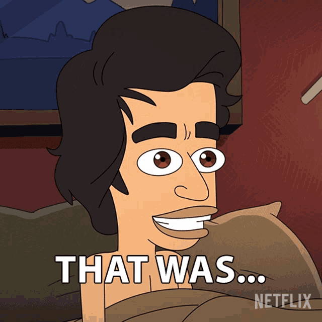 a cartoon of a man laying in bed with the words that was written underneath him