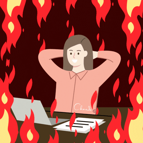 a cartoon of a woman sitting at a desk with flames behind her and the word chada on the bottom