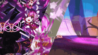 a purple anime character with a sword and a purple background with a few purple lines