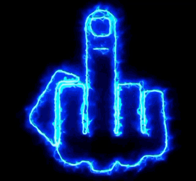 a blue middle finger is glowing in the dark