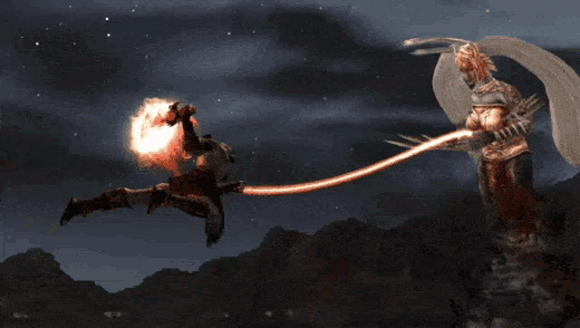 a video game character is fighting another character with a red light coming out of his hand