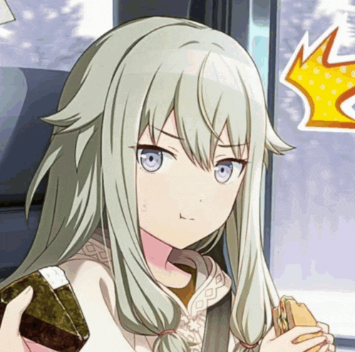a girl with long hair is holding a sandwich and a rice ball