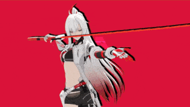 a girl with long white hair is holding a sword with a red stripe that says " tokyo " on it