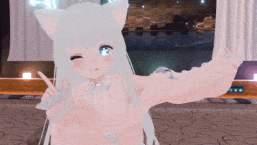 a cartoon girl with white hair and cat ears is giving a peace sign