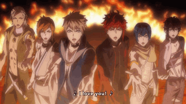 a group of anime characters standing in front of a fire with the words i love you written below them
