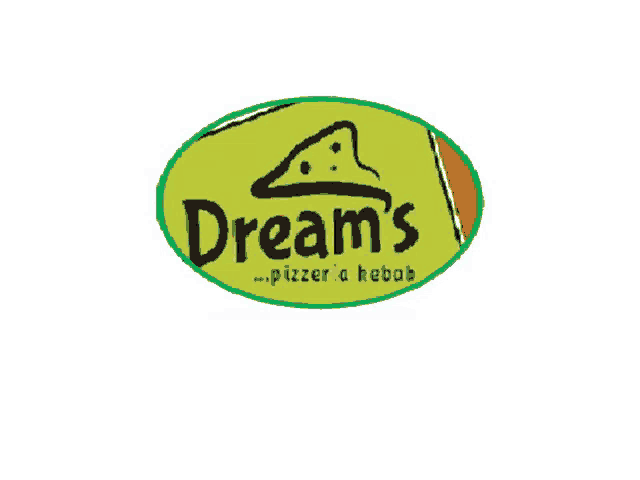 a logo for dream 's pizzeria kebab has a pizza slice on it