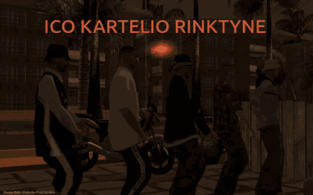 a group of men are standing in front of a sign that says ico kartelio rinktyne