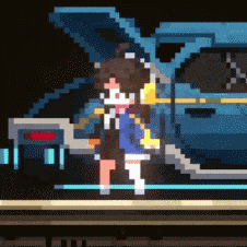a pixel art drawing of a girl standing next to a blue car
